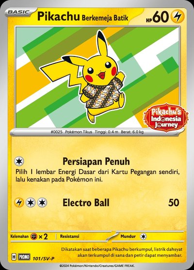 Pikachu Berkemeja Batik 101/SV-P — Bali event, Pikachu and Poké Ball batik motif, Pikachu's Indonesia Journey promo card 2024