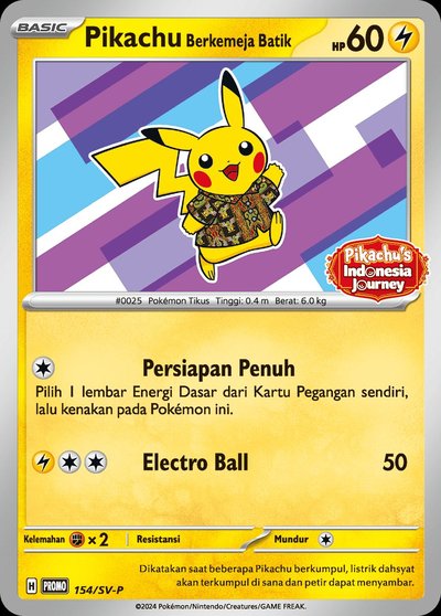 Pikachu Berkemeja Batik 154/SV-P — Surabaya event, Xatu batik motif, Pikachu's Indonesia Journey promo card 2024