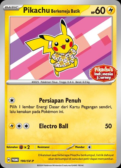 Pikachu Berkemeja Batik 190/SV-P — Jakarta event, Pikachu and flowers batik motif, Pikachu's Indonesia Journey promo card 2024